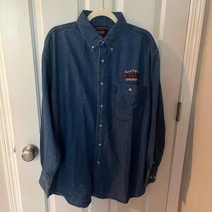 NWOT Wrangler Button Down Denim, Gran’pa Carl’s Chicken Embroidery, 100% Cotton